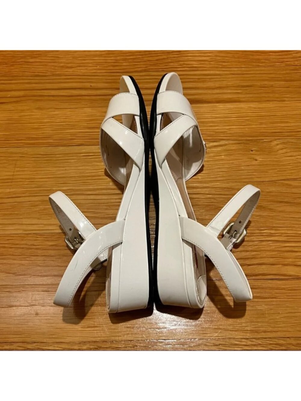💯 Authentic PRADA White Patent Crisscross Vernice Linea Rossa Wedge Sandals - Picture 6 of 12